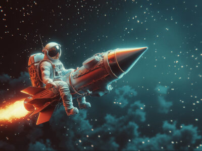 An astronaut is perched on a retro rocket, soaring through a vivid and colorful cosmos filled with shimmering stars and clouds. The scene captures the vastness of space beautifully at nighttime.