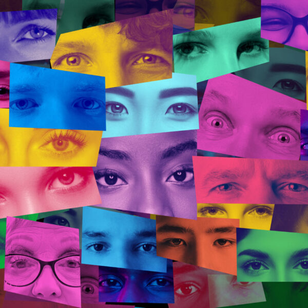 Artistic collage of human eyes representing diversity and identity. Concept of inclusive workforce representation for recruitment campaigns, company culture pages and business branding.